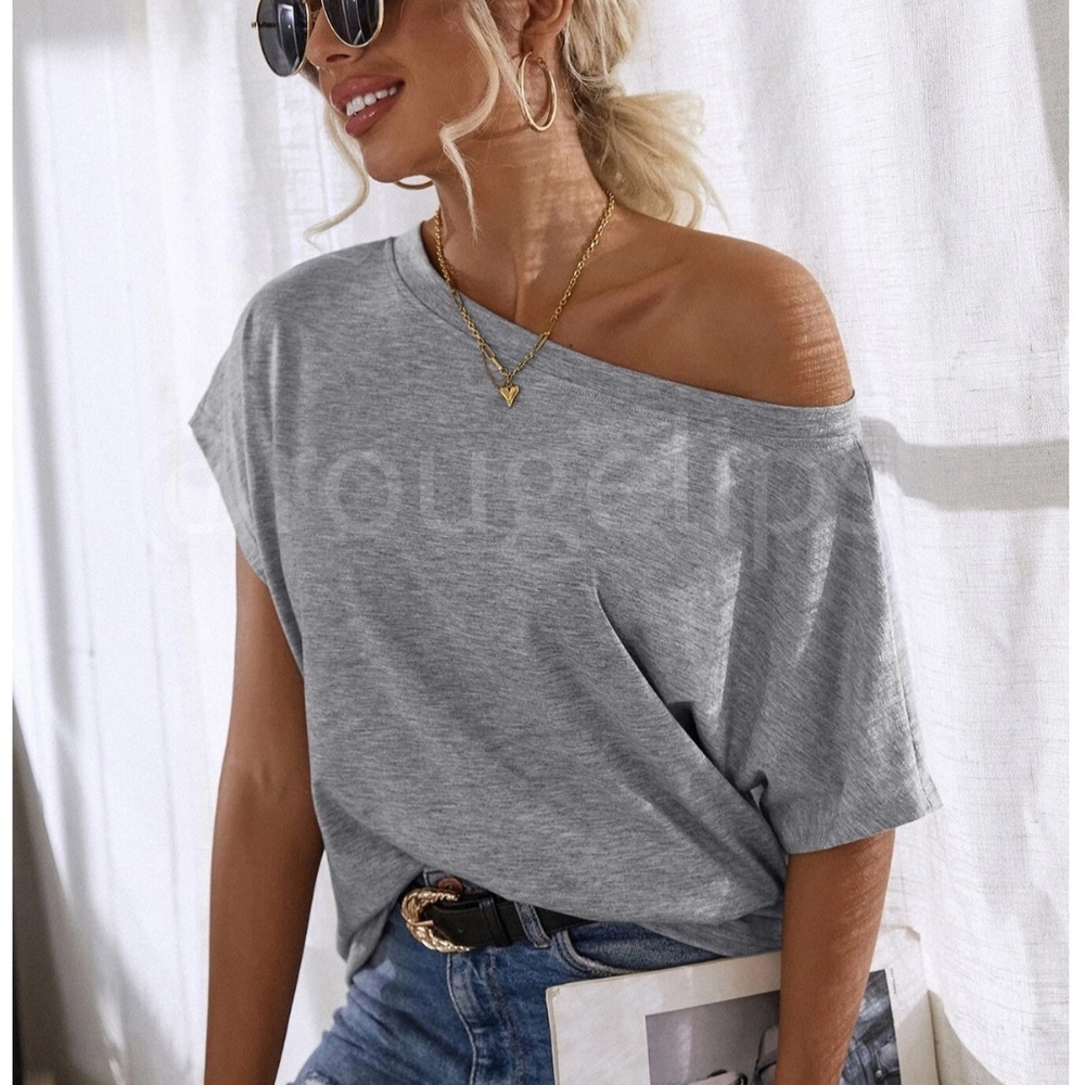 Boat Neck Batwing Sleeve Grey Tee Shirt Short Sleeve